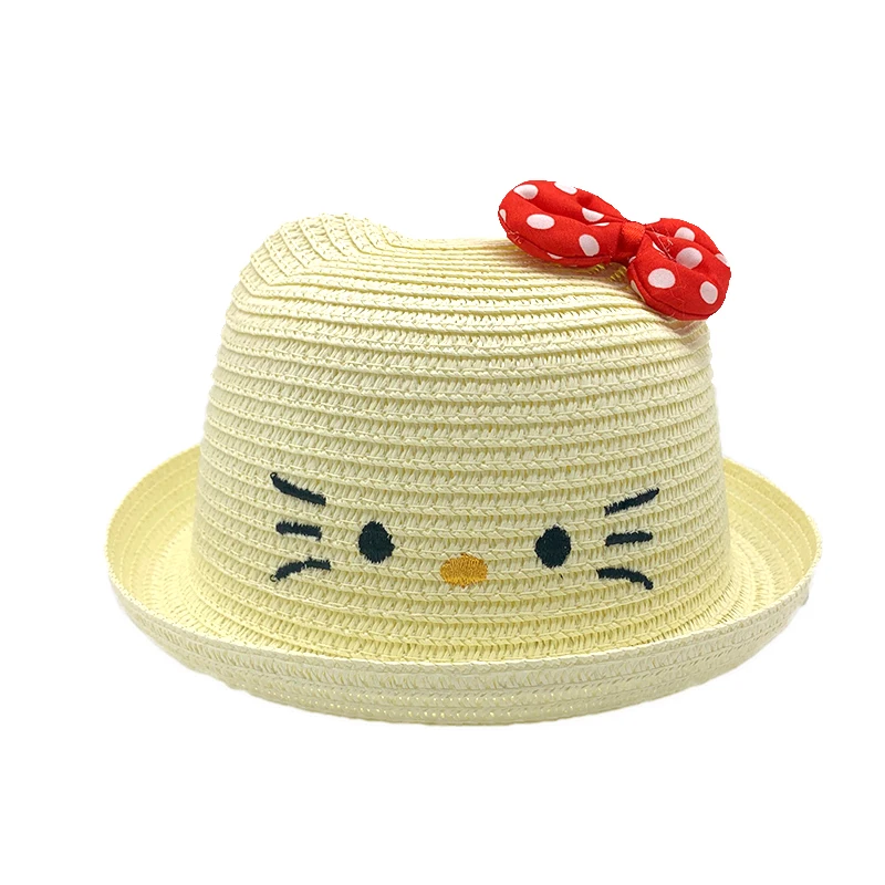 Children girl summer straw sun hat cartoon cat embroidery beach hat kids cute baby Visor cap