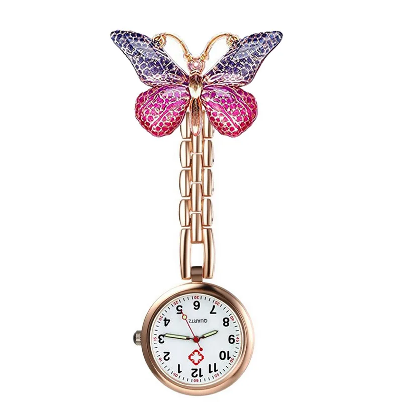 Gradient Resin Butterfly Rose Gold Alloy Pocket Watches Nurse Doctor Hospital Medial Gift Pin Watches Clock