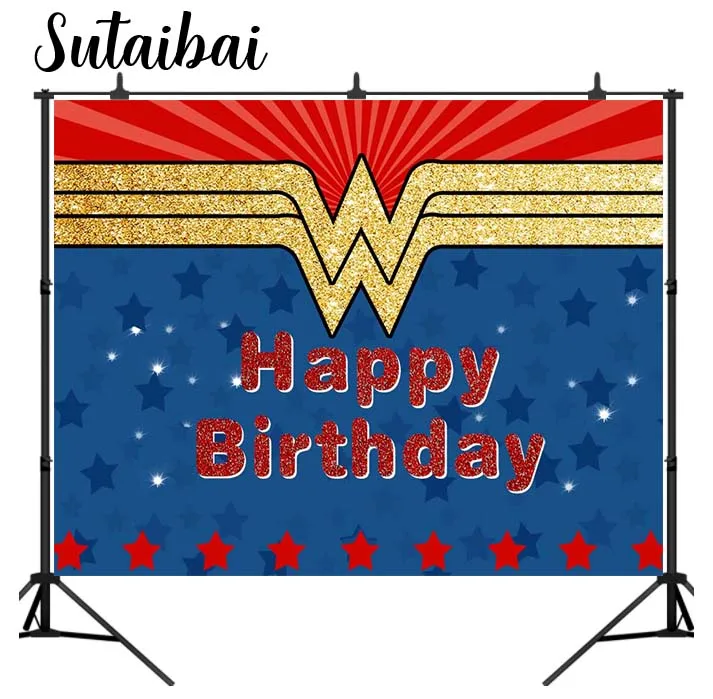 Super Women Party Backdrop Happy Birthday Custom Blue Red Star Cartoon Wallpaper Baby Shower Superhero Photo Studio