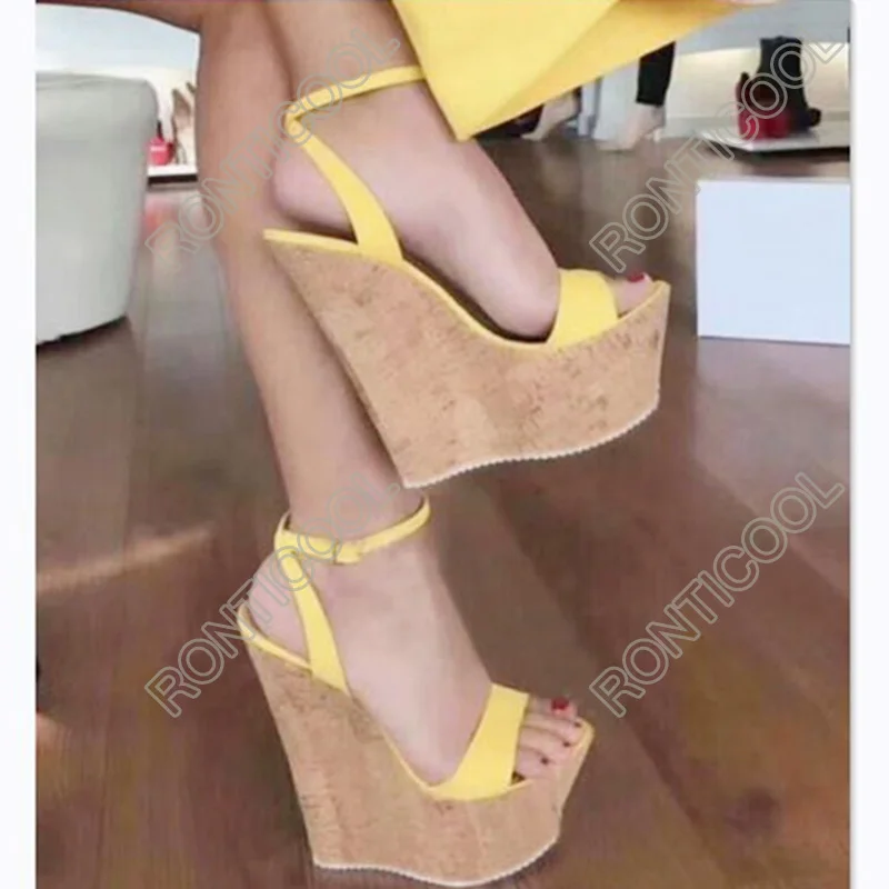 Ronticool New Fashion Women Handmade Sandals Ankle Strap Wedges High Heel Open Toe Charm 6 Colors Party Shoes Size 35 45 46 47