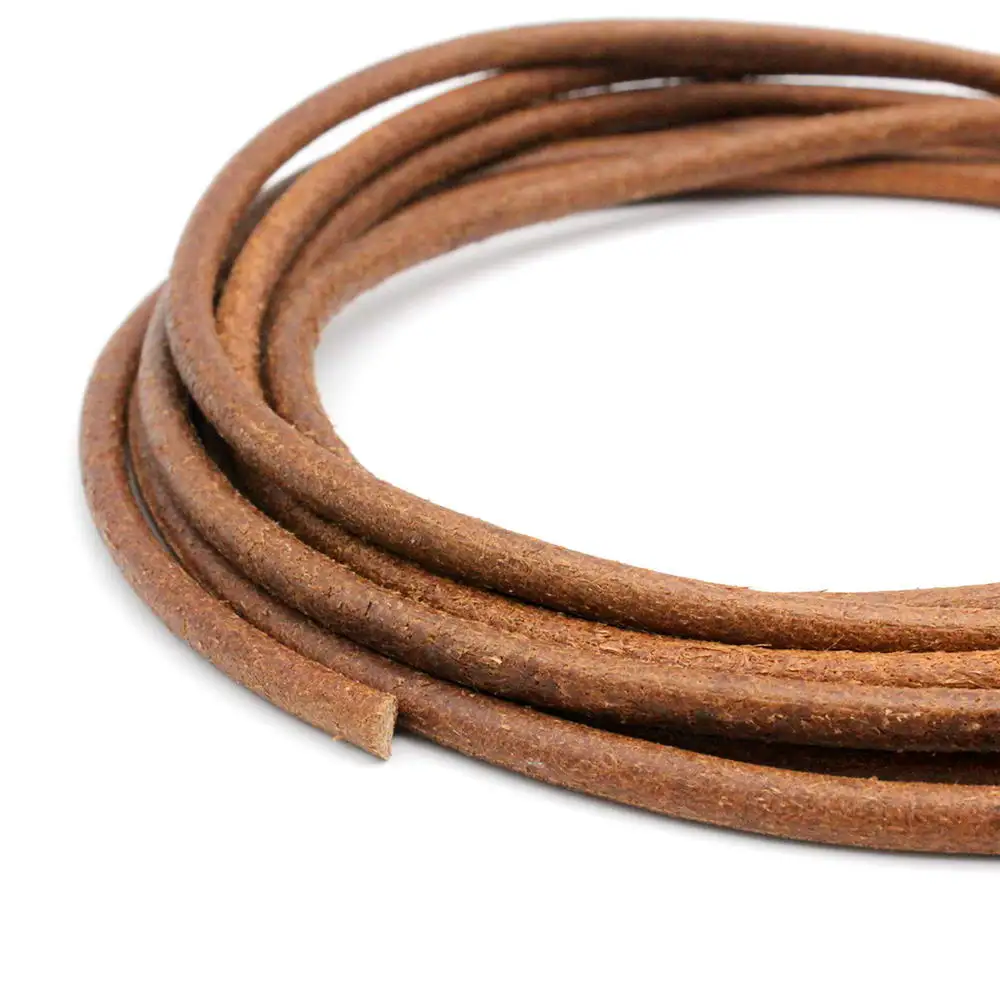 Aaazee 2 Yards 5mm Round Natural Real Cow Hide Leather Cord for Jewelry Making, Bracelet Necklace Craft