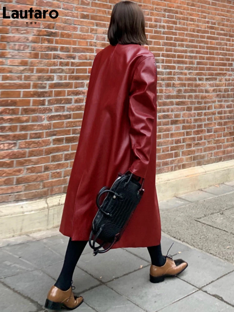 Lautaro-Wine Red Leather Trench Coat for Women, Long Sleeve, Lapel, Loose, Casual Stylish, Oversized, Korean Fashion, Autumn