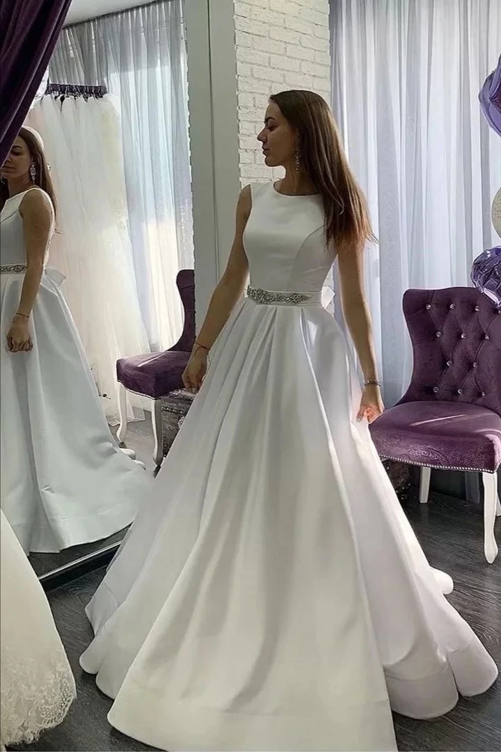 

New Arrival High-Neck A-Line Satin Wedding Dresses Vestido De Noiva Sash With Crystals Floor-Length Formal Bride Gown Plus Size