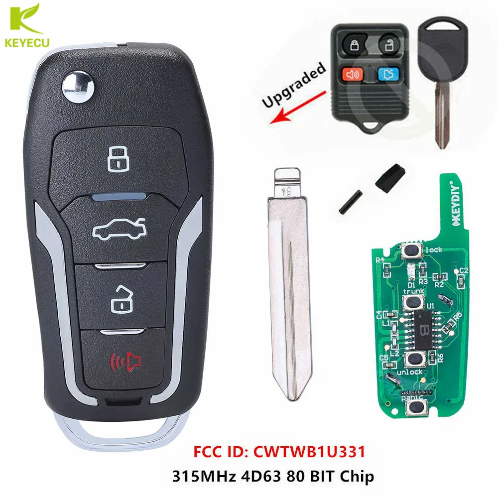 KEYECU Replacement Upgraded Flip Remote Car Key Fob 315MHz 4D63 80 BIT Chip for Ford/Lincoln/Mercury FCC ID: CWTWB1U331