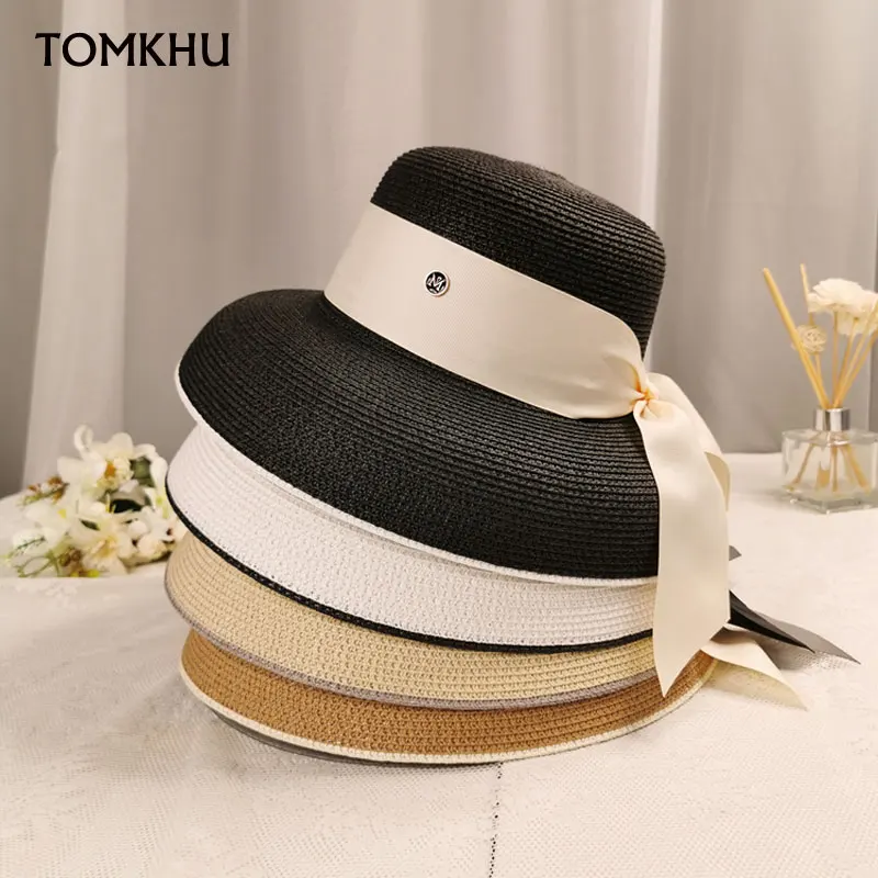 New Women Ring Top Verano Straw Hat Summer Wide-Brimmed Boater Hat Elegant Ladies Sun Hats Ribbon Band Fedora Hat Chuch Derby