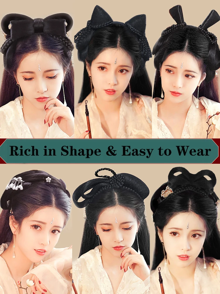 BUQI Tradisional Cina Retro Rambut Sanggul Sintetis Hanfu Cosplay Wig Hitam Rambut Palsu Bun Kuno Peri Putri Rambut Band