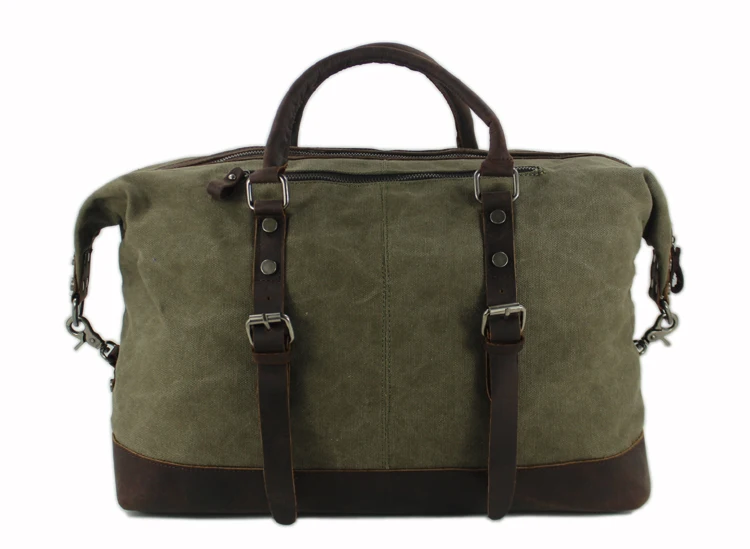 Military Canvas Leather Men\'s Travel Bag Hand Luggage Bag Carry On Large Men Leather Duffle Bag Tote Big Weekend Bag Overnight