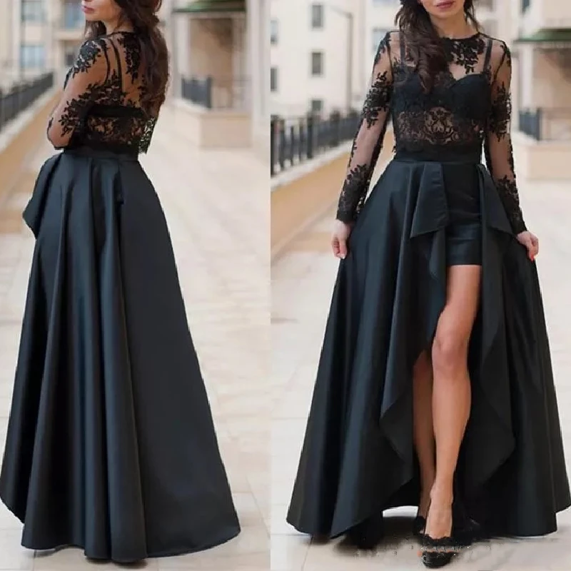 

Black Side Slit Evening Dresses Lace Appliques Long Sleeve A-Line O-Neck Satin Elegant Party Prom Gowns Floor Length 2021