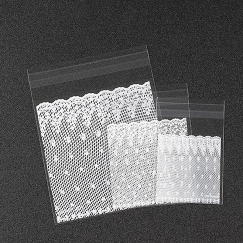 100pcs Plastic Transparent White lace Candy Cookie Gift Bag with DIY Self Adhesive Pouch Wedding Birthday Party