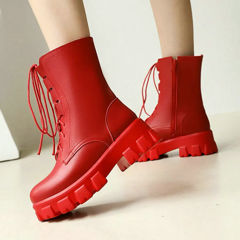 2021 Women Ankle Boots Platform Square Heel Ladies Short Boots PU Leather Round Toe Side Zipper Women Lace Up Boots Plus Size