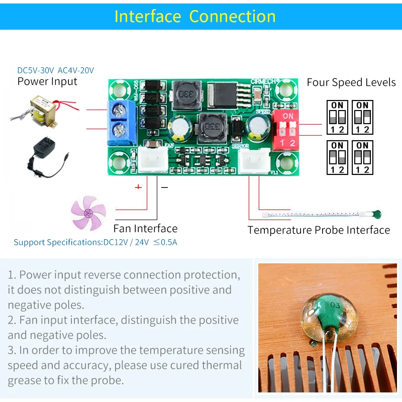 UNISIAN Temperature Control Fan Module Support Four Gears Smart Fan Speed Controller For DC12V/24V Fan Specifications Cooler