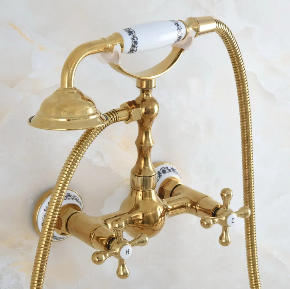 

Contemporary Luxury Gold Color Brass Wall Mounted Bathtub Faucet with Handheld Shower Set +150CM Hose Mixer Tap 2na828