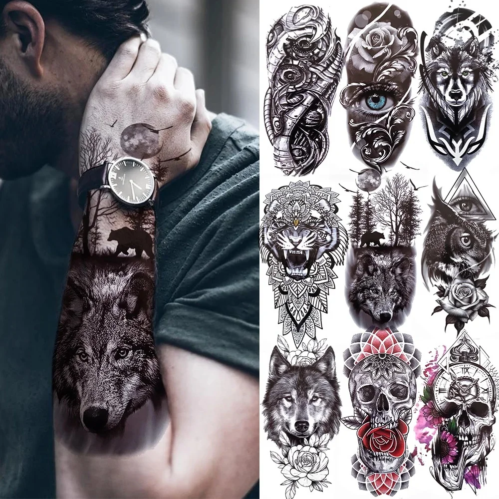 1PC Black Forest Tattoo Sticker For Men Women Tiger Wolf Death Skull Temporary  Fake Henna Skeleton King Animal Tatoo