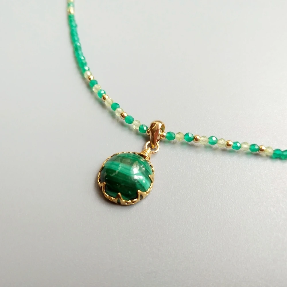 LiiJi Unique Genuine Malachite Charms Green Onyx Peridot Goldfilled Delicate Handmade Pendant Necklace