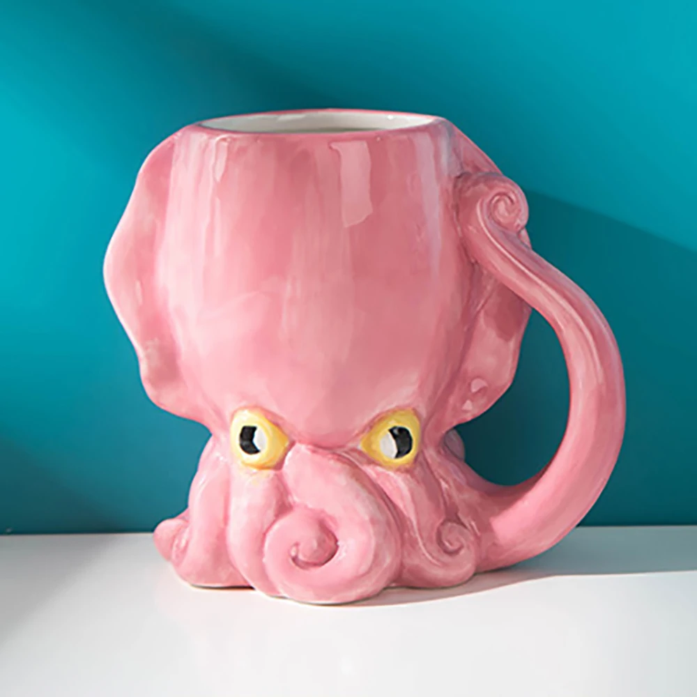 Funny Pink Octopus Ceramic Coffee Mug with Tentacle Handle Handcrafted Novelty 3D Porcelain Coffee Cups Personalized Gifts