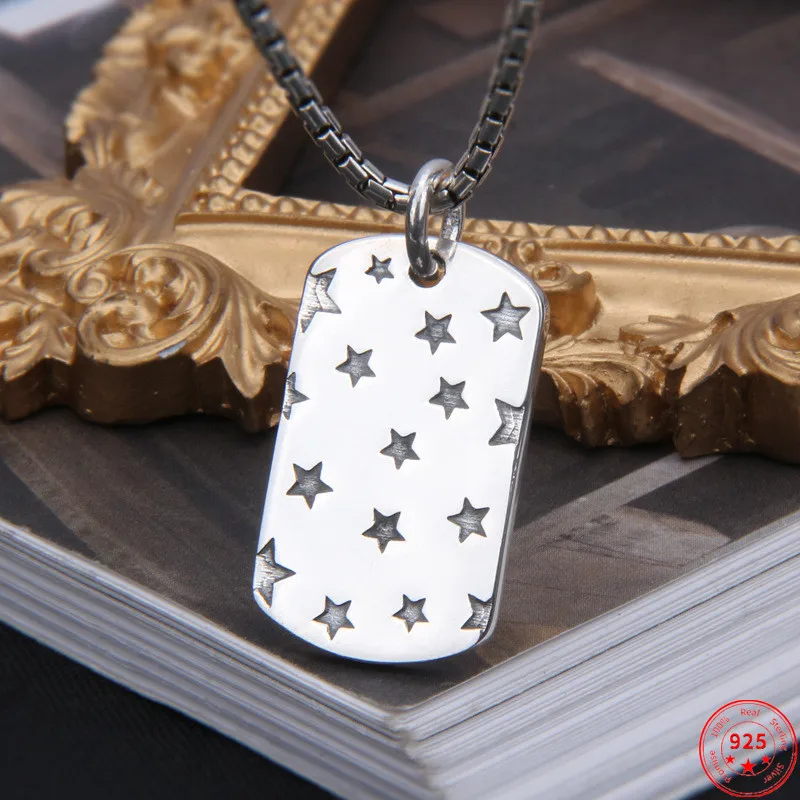 

S925 Sterling Silver Charm Pendant Simple Good Luck Stars Square Hanging Dangler Pure Argentum Amulet Jewelry For Men Women