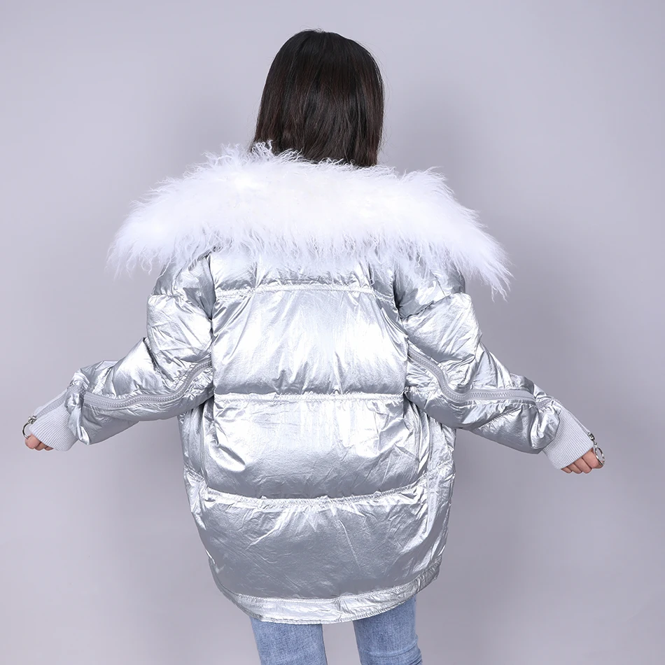 Manteau chaud à col en laine d'agneau, veste en duvet de canard blanc pour femme, manteau épais, ample, noir, argent, surface brillante, hiver