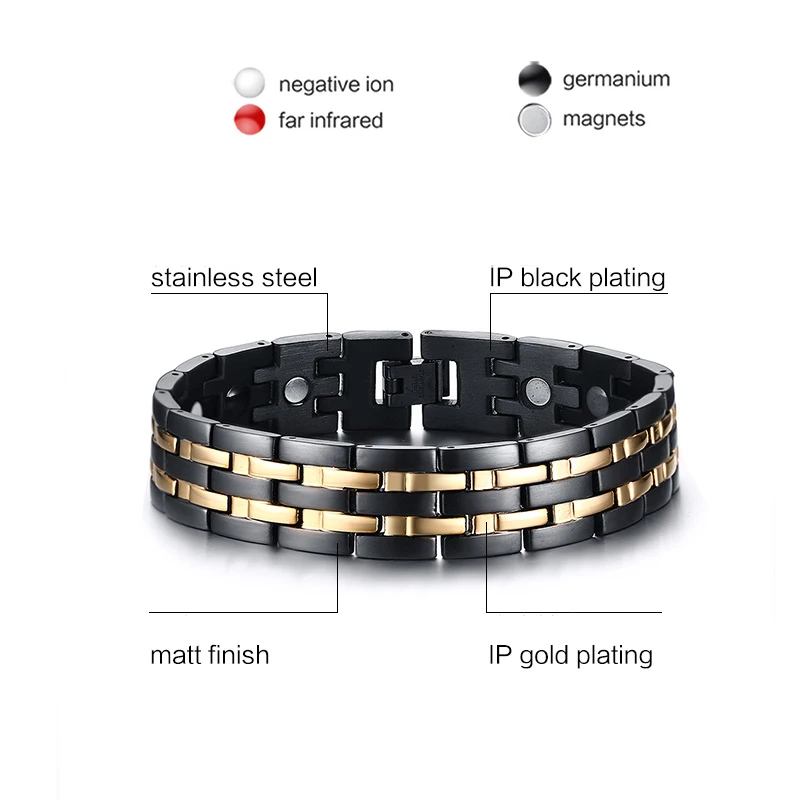 Vinterly Health Bracelets Mens Hand Chain Black Gold-color Energy Magnetic 15mm Wide Stainless Steel Jewelry For Male Waterproof