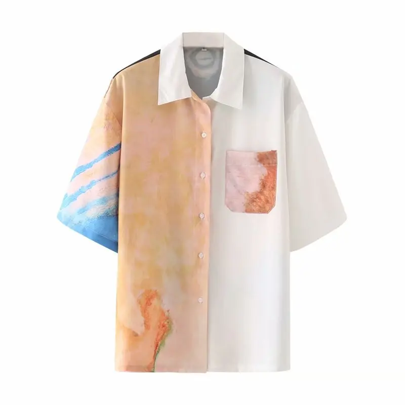 

Tie Dye Print Turndown Collar Basics Simple Shirt Women 2021 Summer Casual Loose Beach Top Hawaiian Style Holiday Blouse Shirt