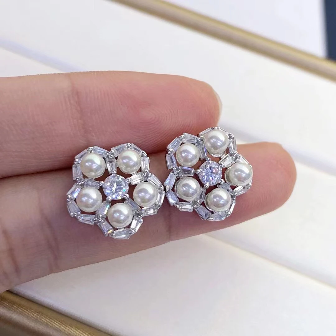 

Flower S925 Sterling Silver Earrings Findings Settings Base Mountings Parts Mounts for Pearls Agate Crystal Stones 5pairs/lot