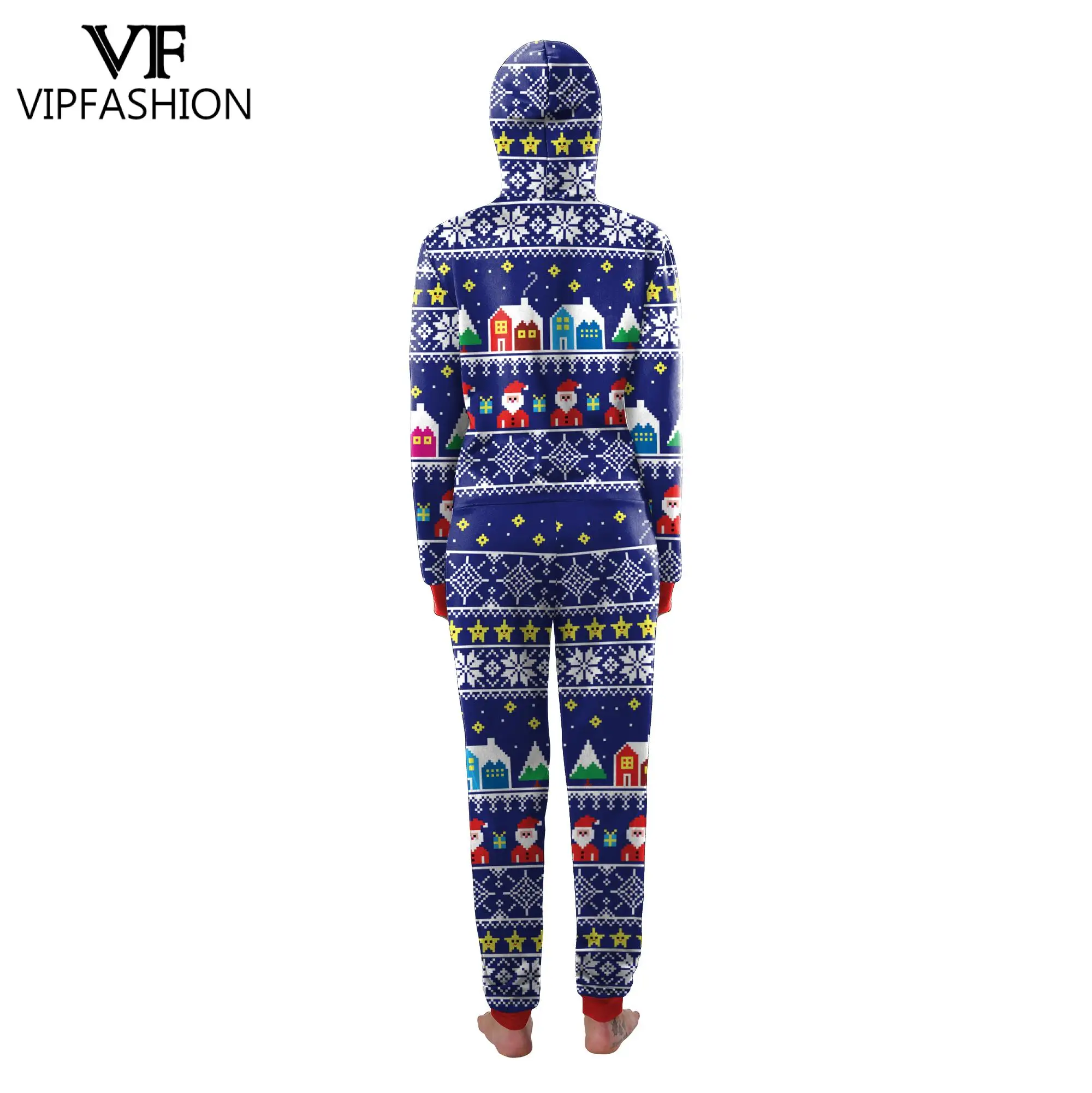 VIP FASHION Christmas Pajamas 3D Printed Hooded Jumpsuit Woman Man Long Sleeve Sleepwear Loungewear Xmas Party Cosplay Costume