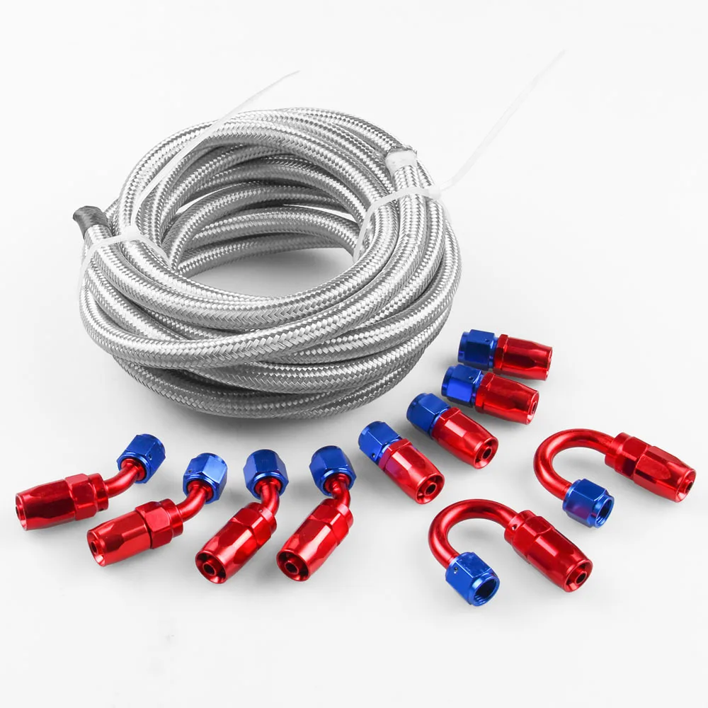 5M AN8 -8AN Fule line hose Red Swivel Fitting  Stainless Steel Braided Fuel Line Hose With 10Pcs Fitting Hose End Adapter Kit