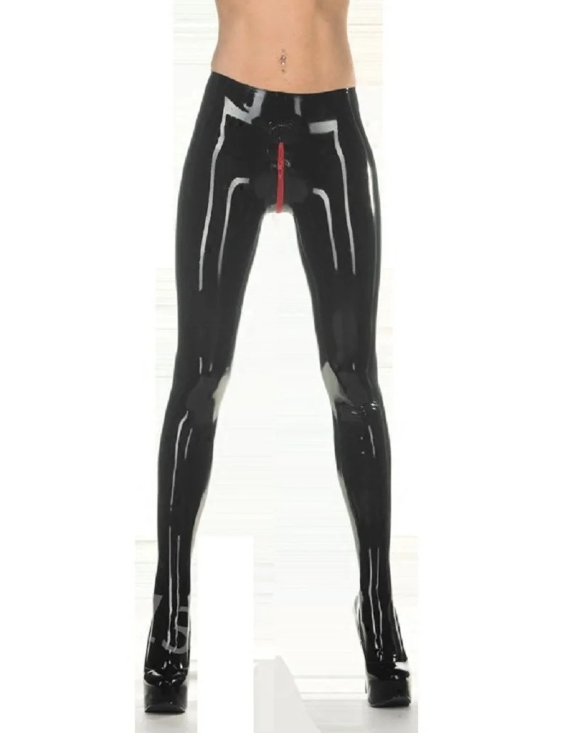 

Sexy Womens Black Latex Leggings With Crotch Zipper Rubber Trousers Female Pants Attached Socks Plus Size