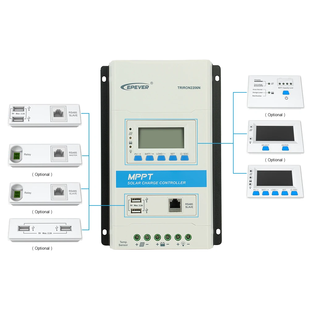 Imagem -04 - Epever-controlador de Carga Solar Triron4210n 4215n 40a Mppt 12v 24v Lcd Regulador Solar 100v Entrada pv Negativo Comum com Ds2