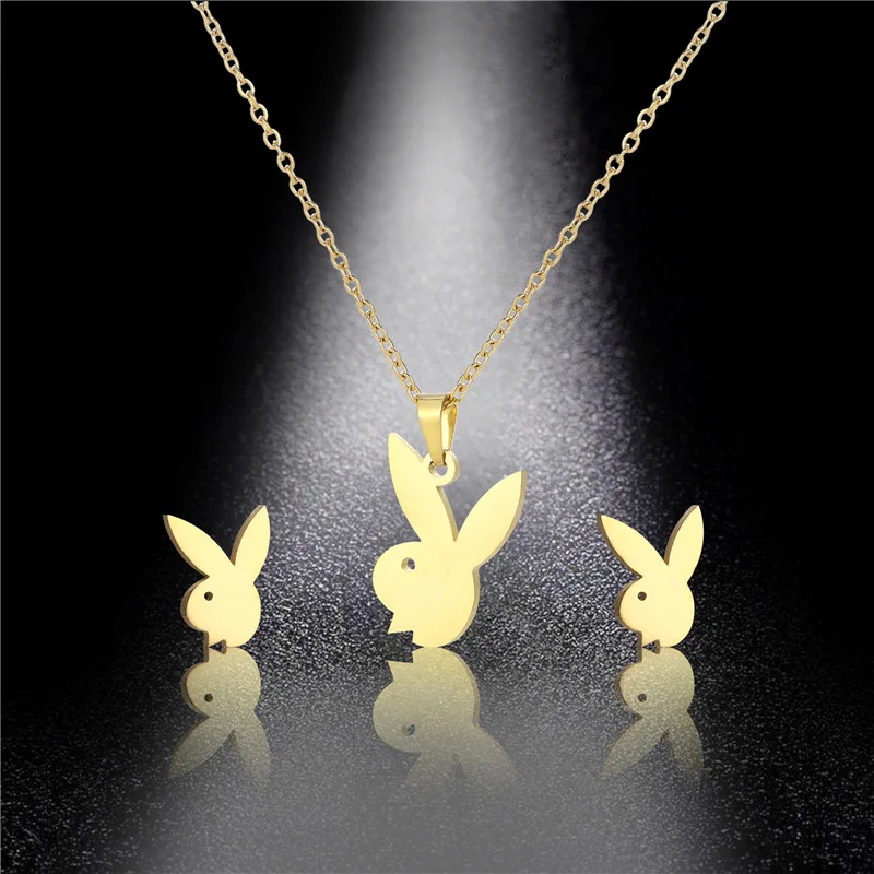 Yungqi Stainless Steel Animal Rabbit Pendant Necklace Earrings Cartoon Bunny Choker Jewelry Set for Women Kids Christmas Gift