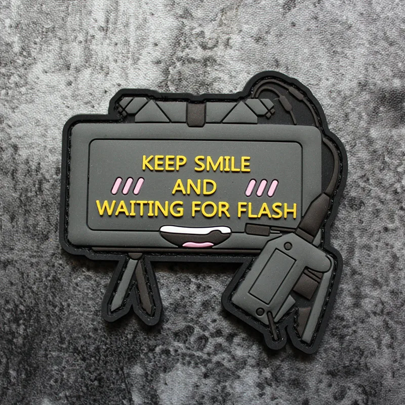 KEEP SMILE AND WAITING FOR FLASH 3D PVC Patch LET THERE BE LIGHT Military Q Version Weapons Tactical Appliqued Clothing Decor