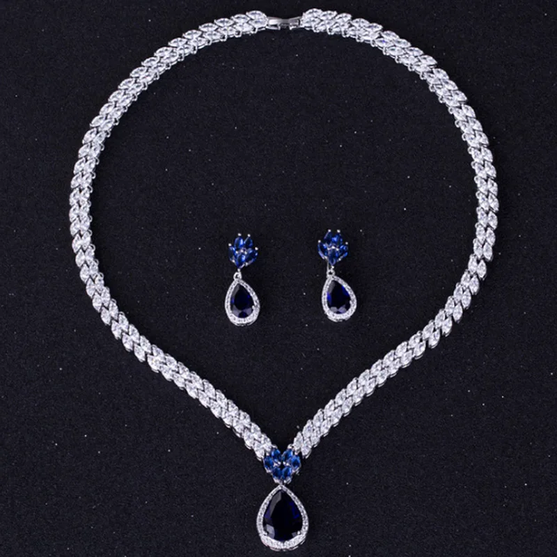 

zlxgirl bridal jewelry blue green drop water shape Zirconia wedding necklace earring jewelry sets fashion Dubai gold pendant set