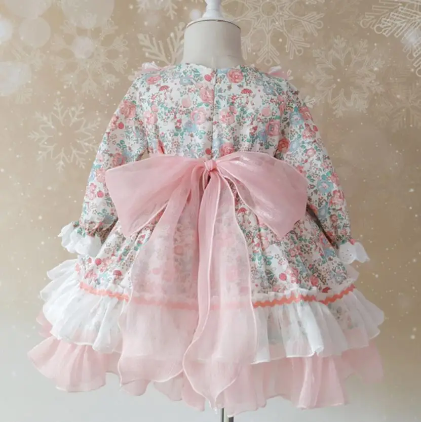 baby girl auutmn winter Spanish Country style floral princess dress mesh stitching Lolita vintage ball gown dress