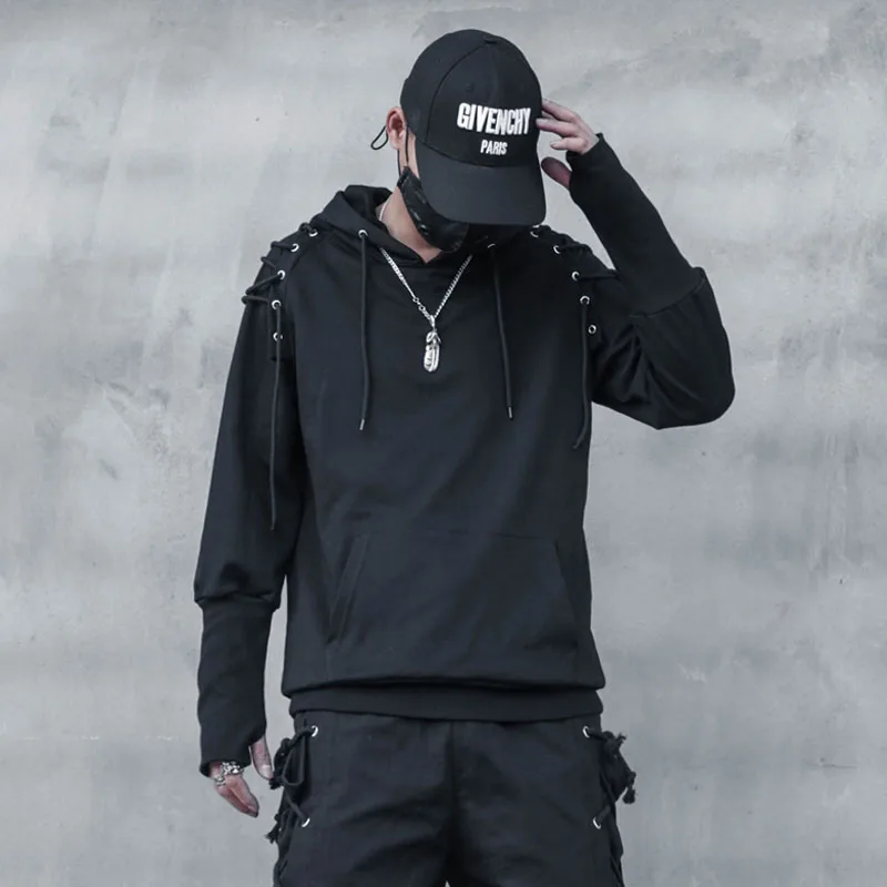 Techwear Harajuku Hoodie and Sweatshirt Men Drawstring Design Cotton Pullover Hip Hop Streetwear Black Clothing Tops WB258