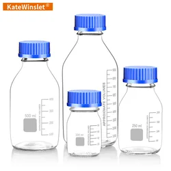 Bouteille de réactif transparente en verre bleu, échelle à bouche à vis, bouteille d'échantillonnage de laboratoire, bouteille à bouche en soie transparente, 100 ml, 250 ml, 500 ml, 1000ml