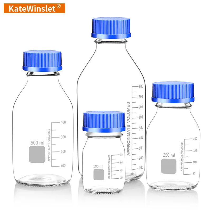 Szklana niebieska przezroczysta butelka na odczynnik 100/250/500/1000ml śruba usta skala laboratorium butelka do pobierania próbek przezroczysta jedwabna butelka z ustami