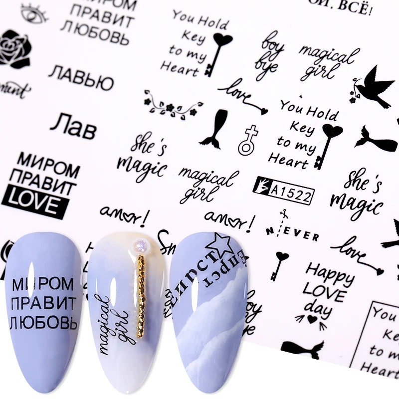 Black and White Love Letter Water Slider Stickers For Nails Sexy Girl Water Transfer Sticker Flower Leaf Manicuring Nail Supply