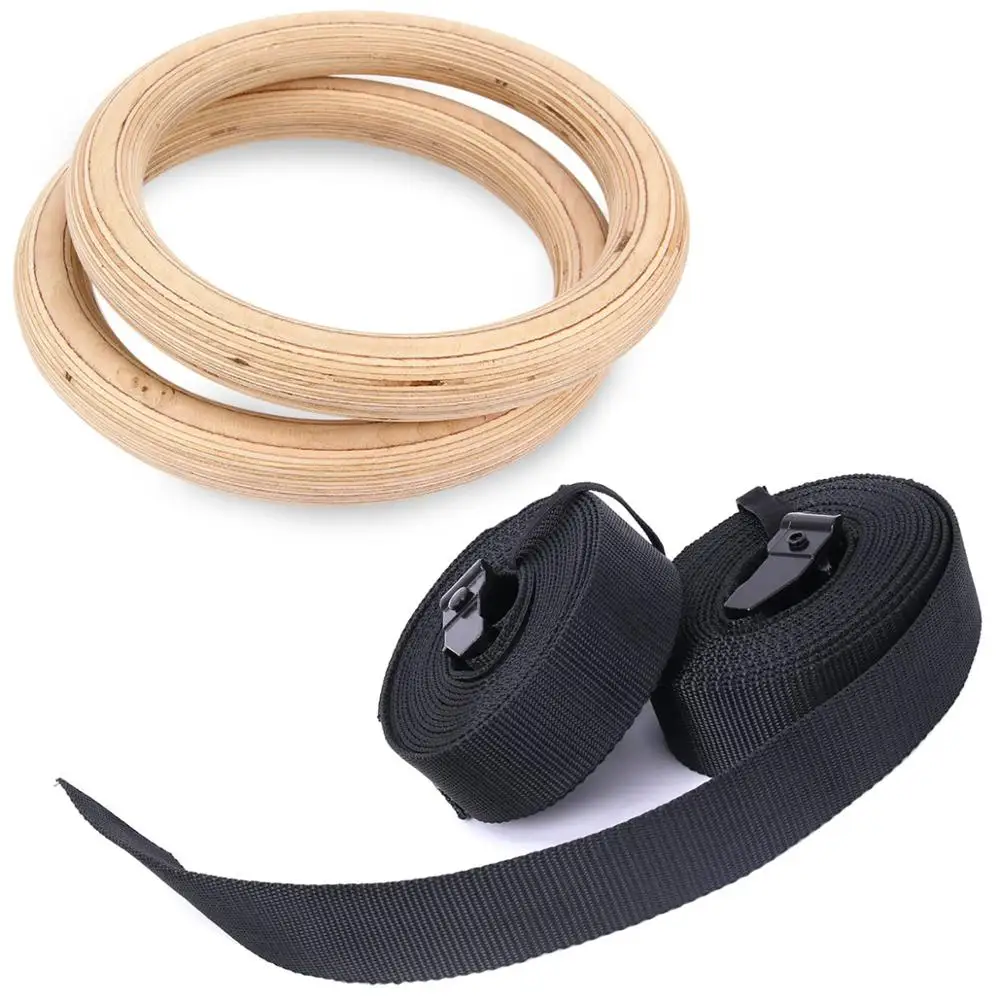 Wooden Gymnastic Rings with Adjustable Straps, Gym Ring for Strength Training, Workout, Bodybuilding