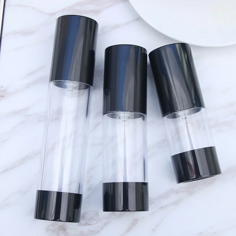 Portable Airless Bottle Black 1pc Clear Cap Cosmetic Treatment Pump Liquid Shampoo Makeup Container Refillable Bottles 15/30/50