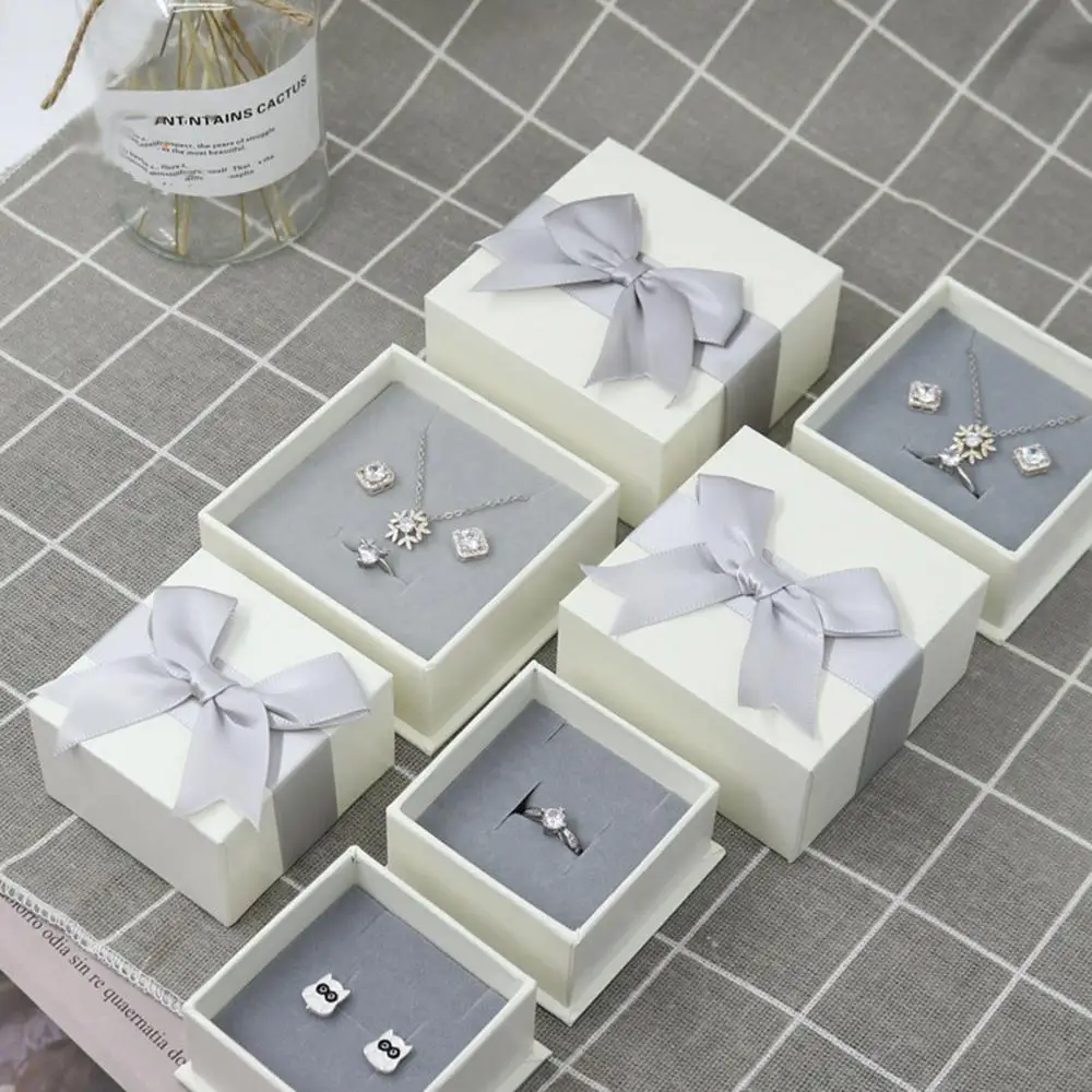 Practical Multifunctional Stylish Convenient Square Solid Color Bow Design Ring Necklace Earrings Jewelry Storage Box Case