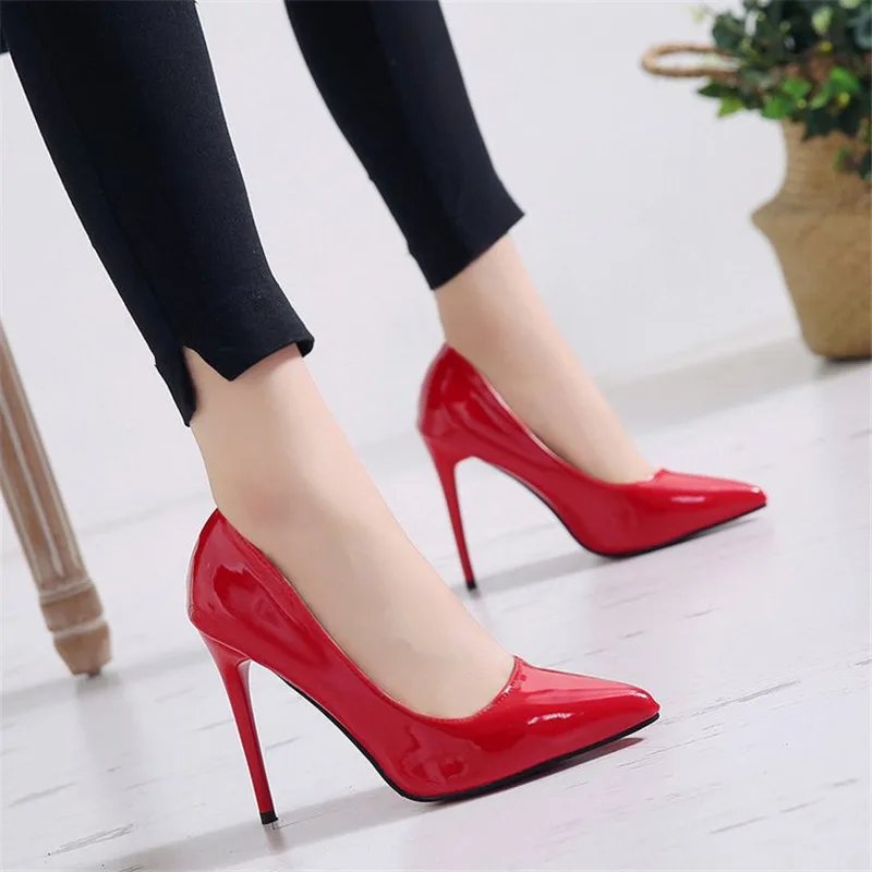 

Women Pumps High Heels Black Patent Leather Pointed Toe Sexy Stiletto Shoes Woman Ladies Plus Big Size 11 12 13