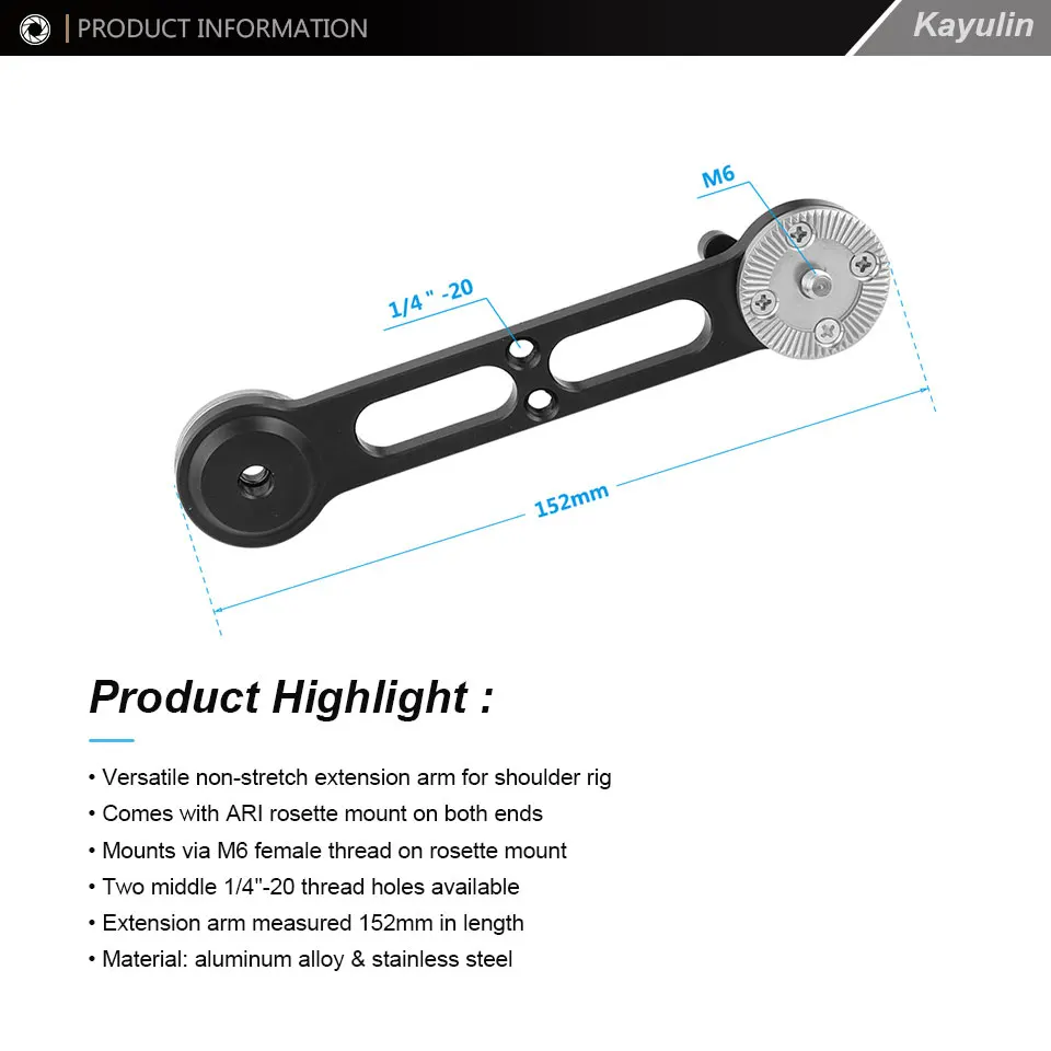Kayulin braccio di prolunga Versatile con attacco a rosetta ARI a doppia estremità filettatura M6 per piattaforma di montaggio a spalla per fotocamera DSLR (Non elasticizzato)