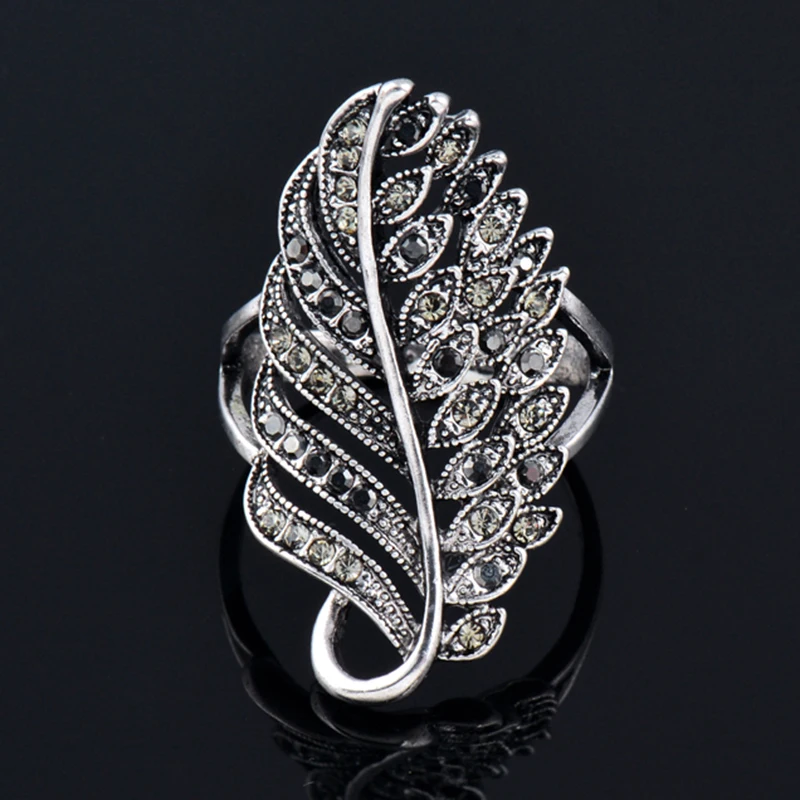 SINLEERY Trend Vintage Black Cubic Zircon Hollow Leaf Big Rings For Women Silver Color Fashion Jewelry