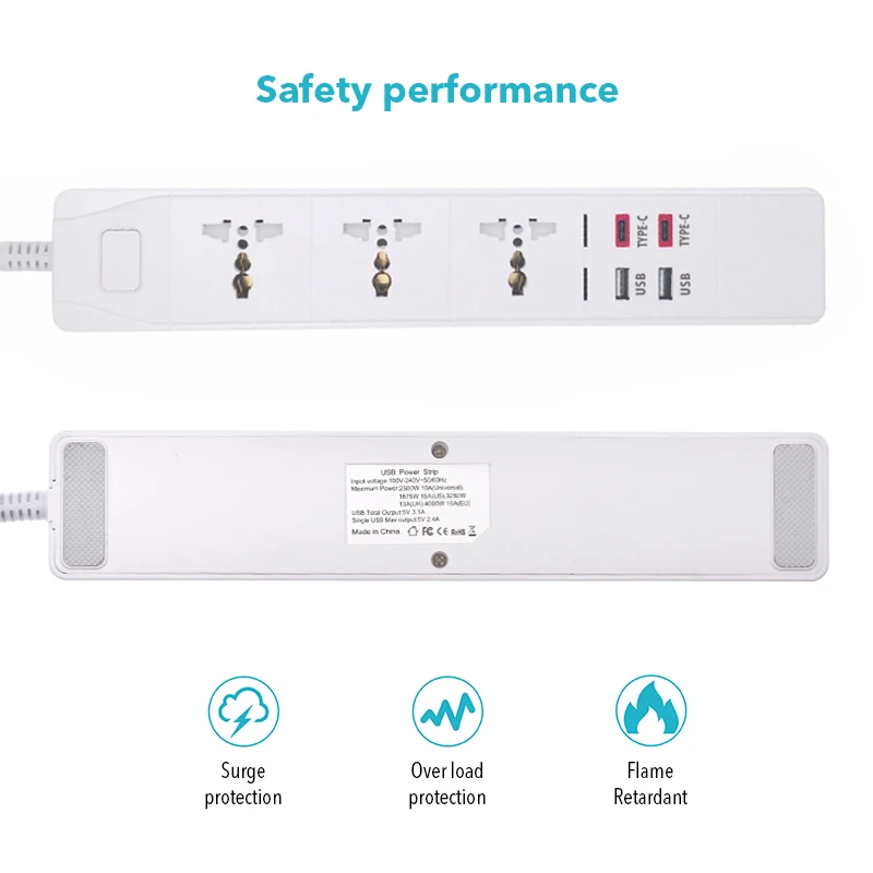 Wifi Universal Smart Power Strip 3 Outlets Socket 2 USB 2 Type-c 3.0A Quick Charge Voice Control for Alexa Google Assistant