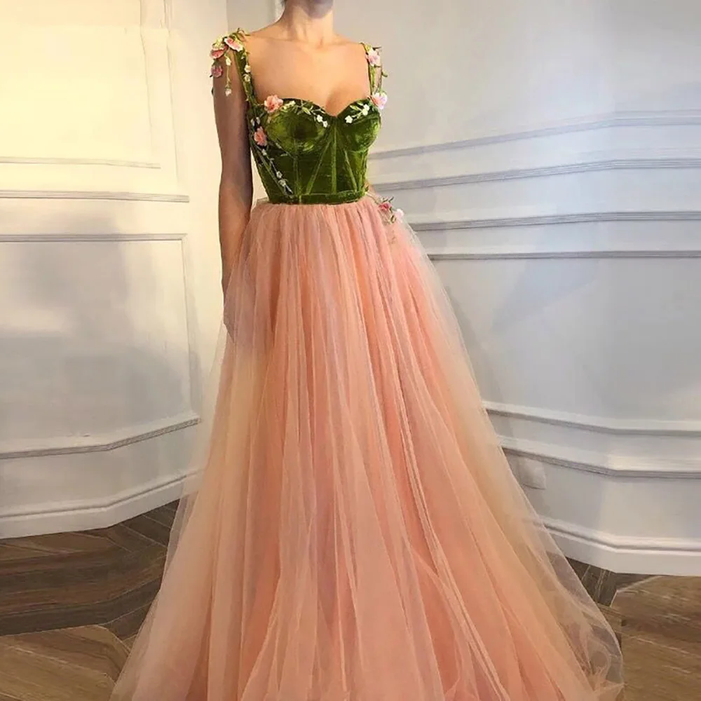 

Custom Floor-Length New Prom Party Gown Sleeveless Applique Formal Dress Sweetheart Spaghetti Tulle Evening Dresses