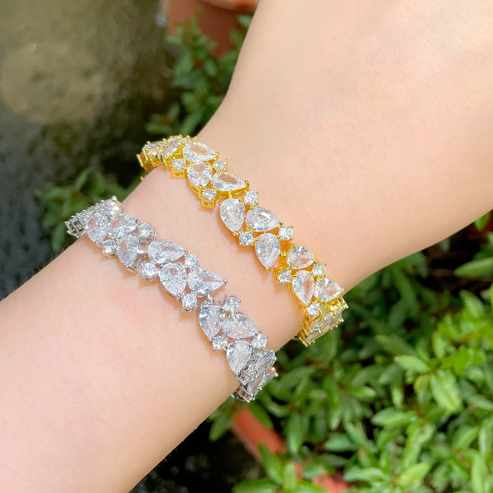 CWWZircons Shiny African Cubic Zirconia Dubai Gold Plated Engagement Wedding Bridal Bracelet Jewelry Accessories for Women CB267