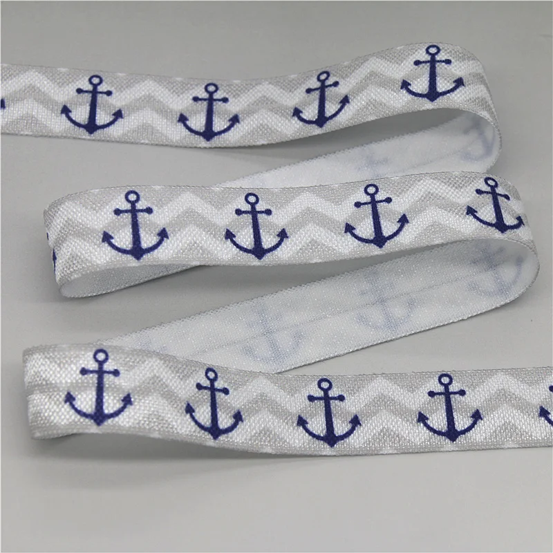 DHK 5/8\'\' 5yards Navy Anchor Sea Boat Printed Fold Elastic FOE Stretch Ribbon Hairbow Headwear Headband DIY OEM 15mm E2004