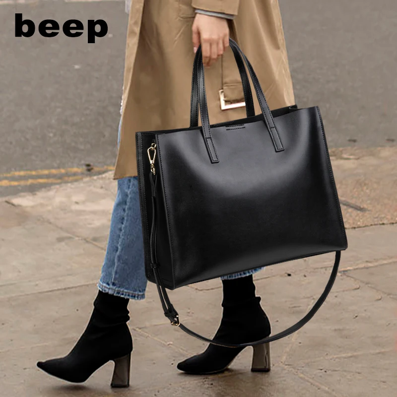 Beep New Superior cowhide Luxury fashion women Genuine Leather bag Simple women leather tote shoulder bag big women\'s bag