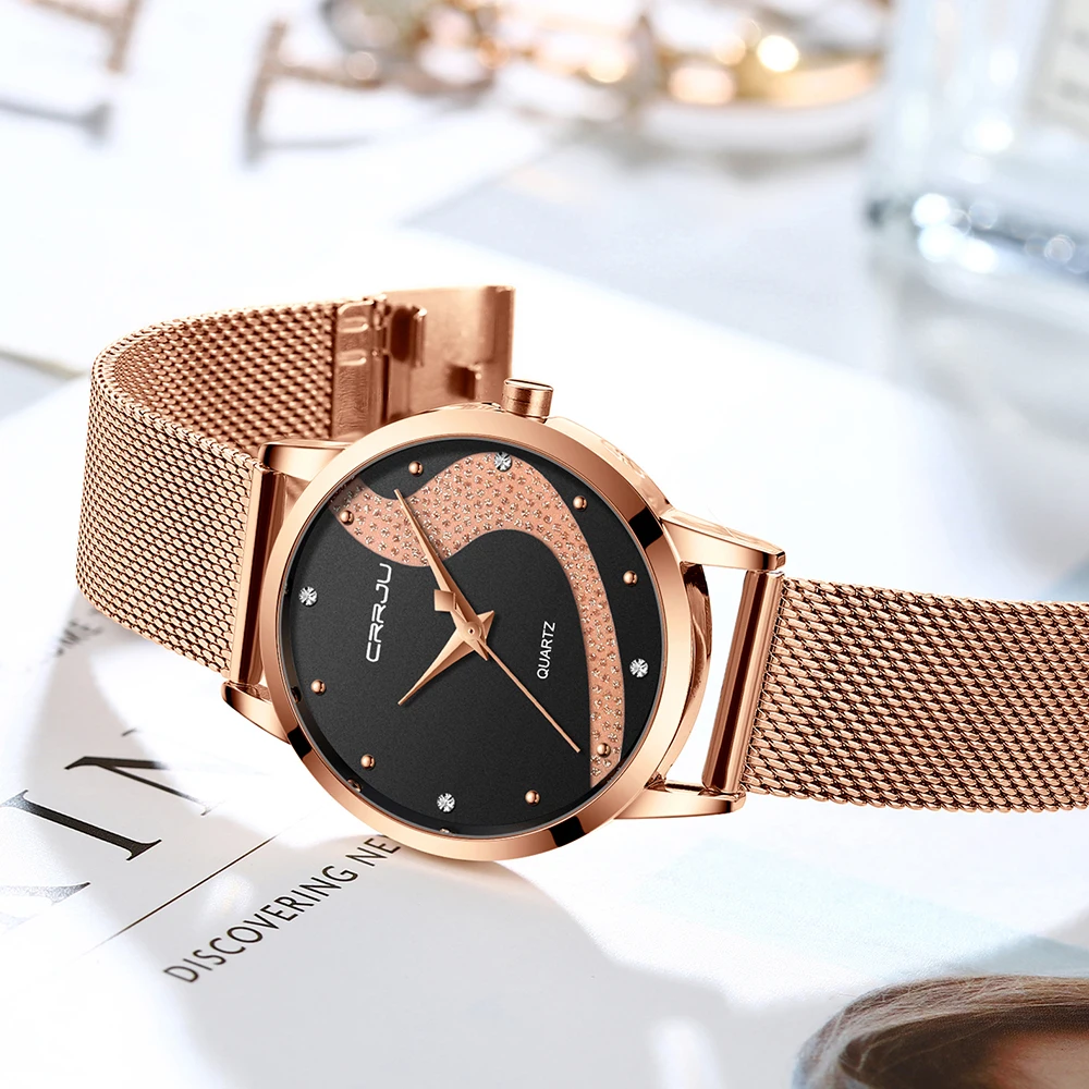 CRRJU Women Watch Top Brand Luxury Rhinestone Watches Casual Waterproof Quartz Ladies Dress Galaxy Mesh Watches relogio feminino