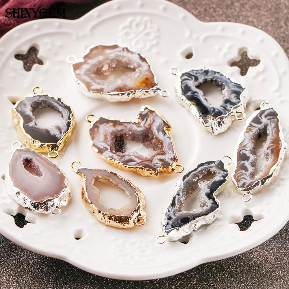 

ShinyGem Natural Agates Charms Gold/Sliver Plating Gem Stone Pendants Irregular Connectors For Jewelry Making DIY Accessories