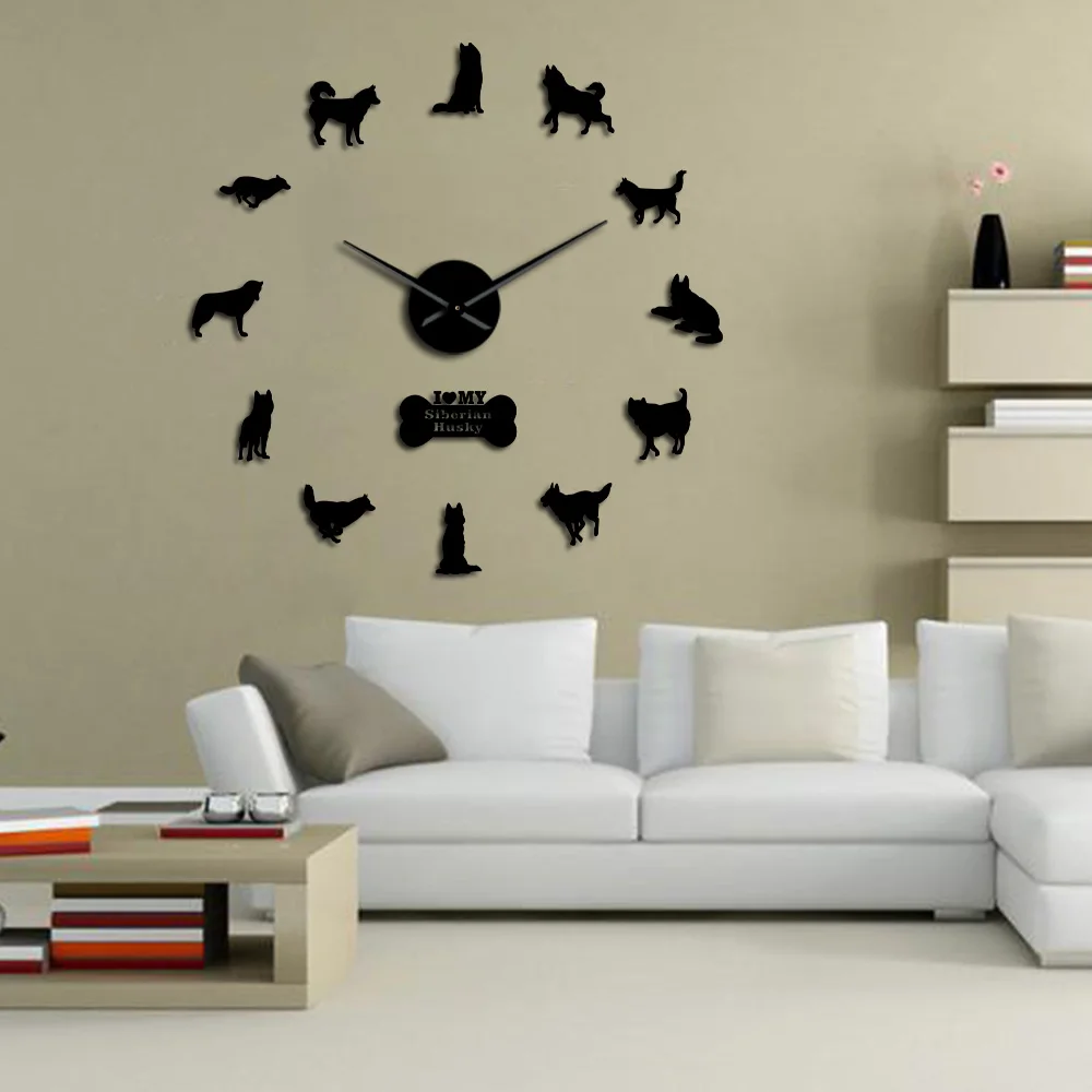 Siberian Husky Russian Dog Breed DIY Large Wall Clock Sibirskiy Haski Self Adhesive Sticker DIY Giant Wall Art Home Decor Watch